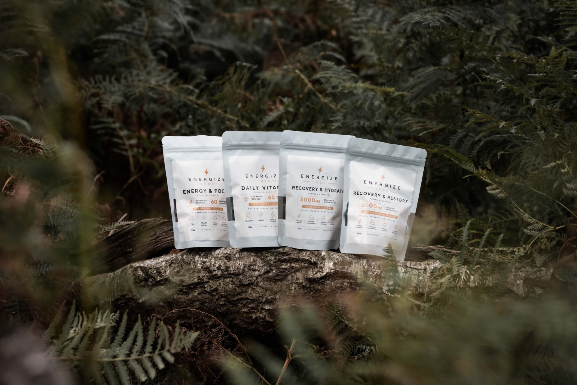 The four Energize Luxe gummy pouches — Energy & Focus, Daily Vitamin, Recovery & Hydrate and Recovery & Restore — lined up on a fallen log among ferns